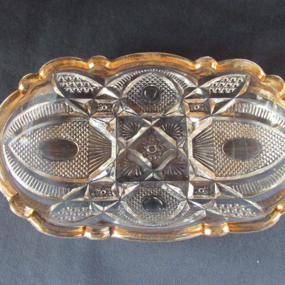 EAPG US Glass small oval tray Rising Sun pattern clear gold trim